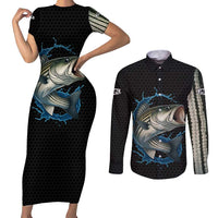 Striped Bass Jumping Couples Matching Short Sleeve Bodycon Dress and Long Sleeve Button Shirt Blue Splash Graphic and Custom Name Design - Wonder Print Shop