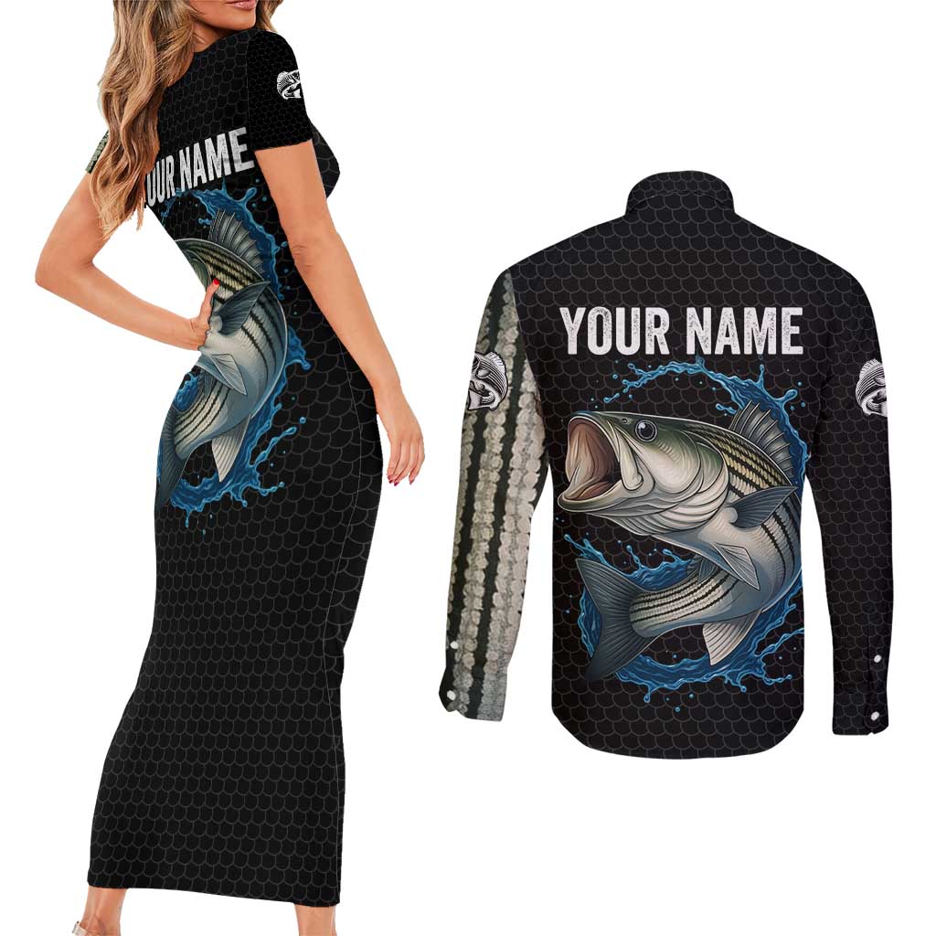 Striped Bass Jumping Couples Matching Short Sleeve Bodycon Dress and Long Sleeve Button Shirt Blue Splash Graphic and Custom Name Design - Wonder Print Shop
