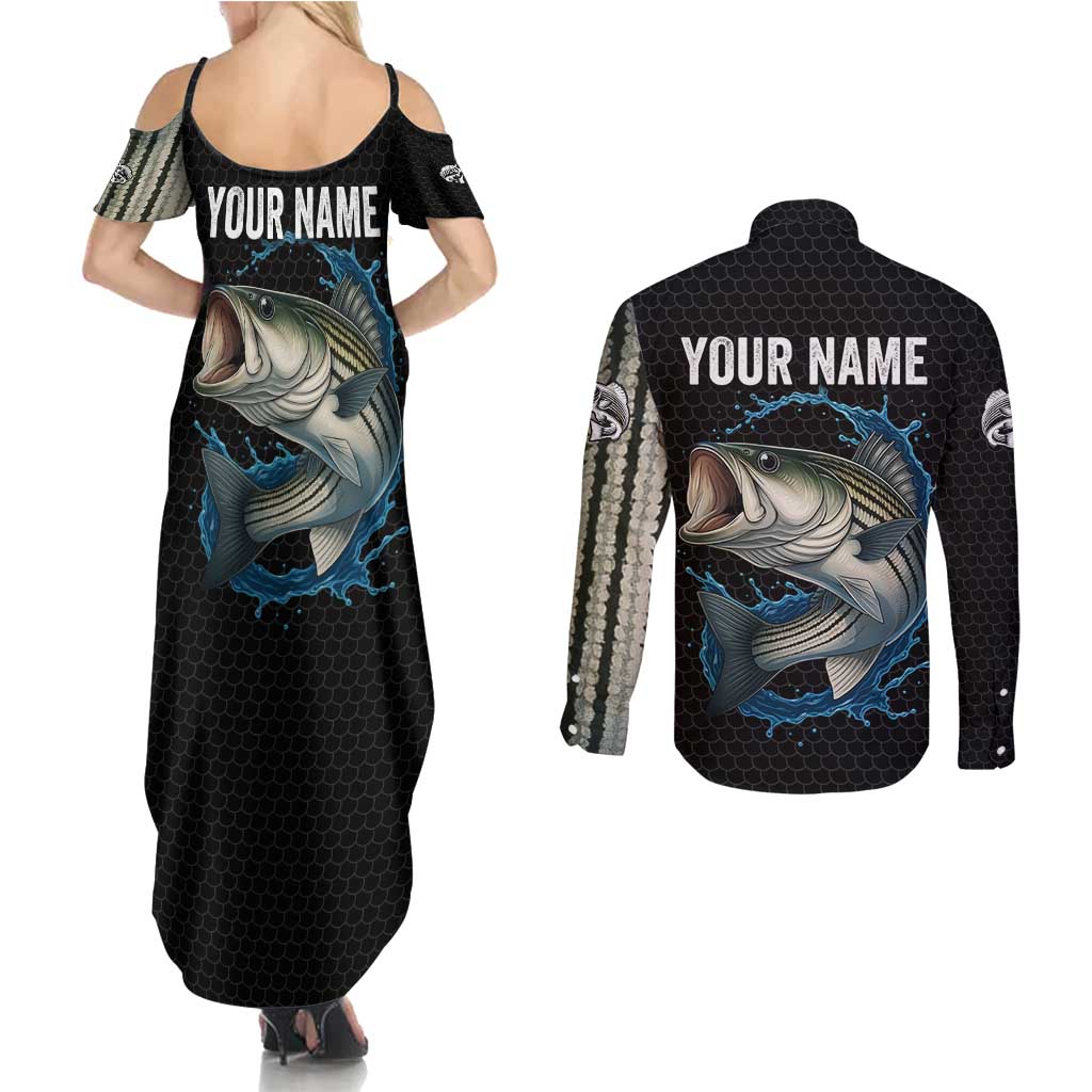 Striped Bass Jumping Couples Matching Summer Maxi Dress and Long Sleeve Button Shirt Blue Splash Graphic and Custom Name Design - Wonder Print Shop