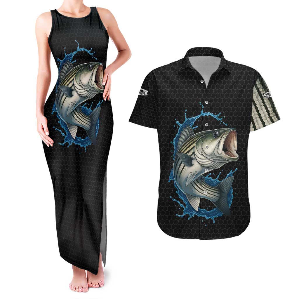 Striped Bass Jumping Couples Matching Tank Maxi Dress and Hawaiian Shirt Blue Splash Graphic and Custom Name Design - Wonder Print Shop