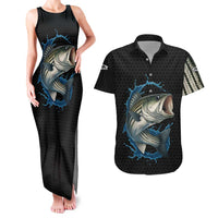 Striped Bass Jumping Couples Matching Tank Maxi Dress and Hawaiian Shirt Blue Splash Graphic and Custom Name Design - Wonder Print Shop