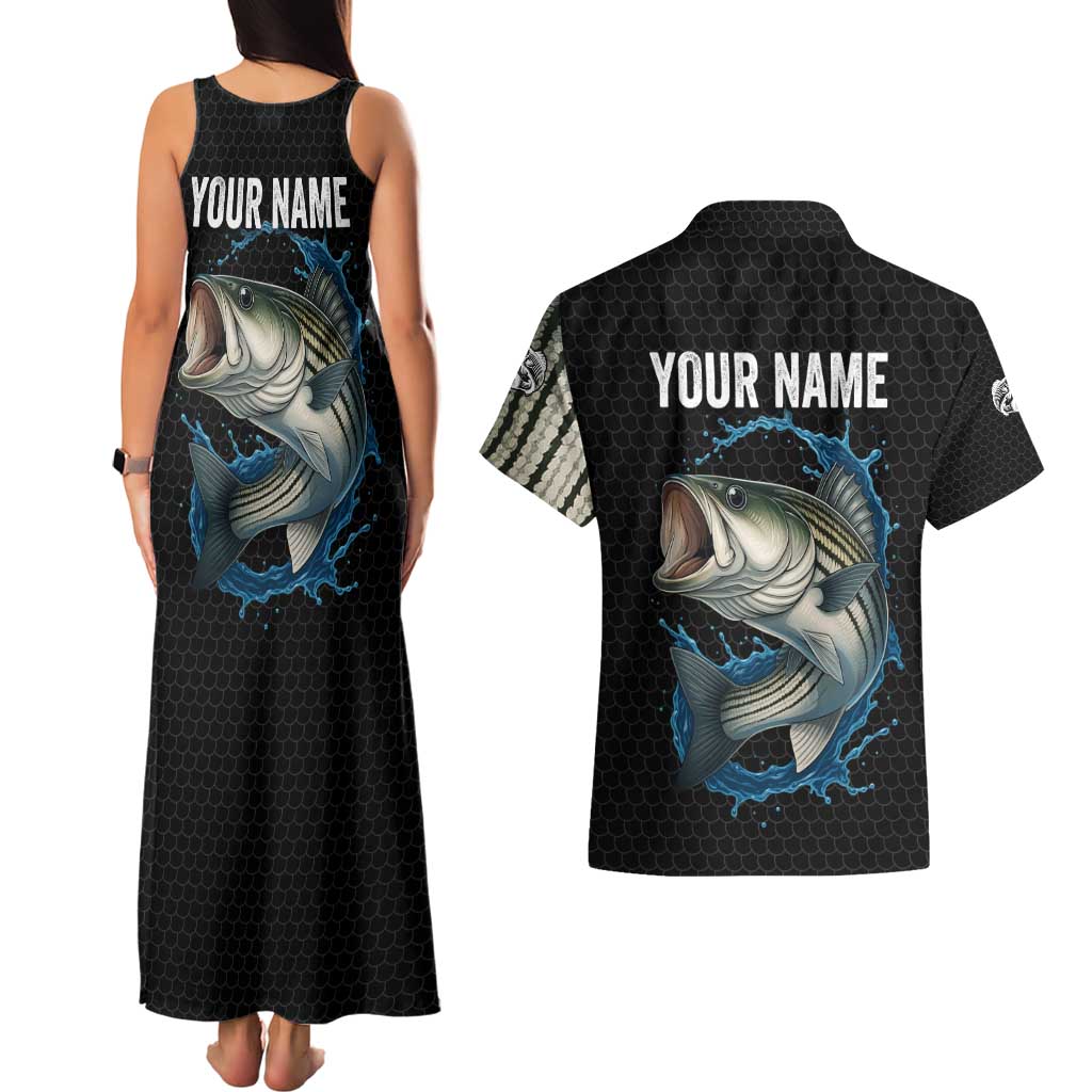 Striped Bass Jumping Couples Matching Tank Maxi Dress and Hawaiian Shirt Blue Splash Graphic and Custom Name Design - Wonder Print Shop