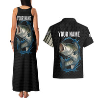 Striped Bass Jumping Couples Matching Tank Maxi Dress and Hawaiian Shirt Blue Splash Graphic and Custom Name Design - Wonder Print Shop