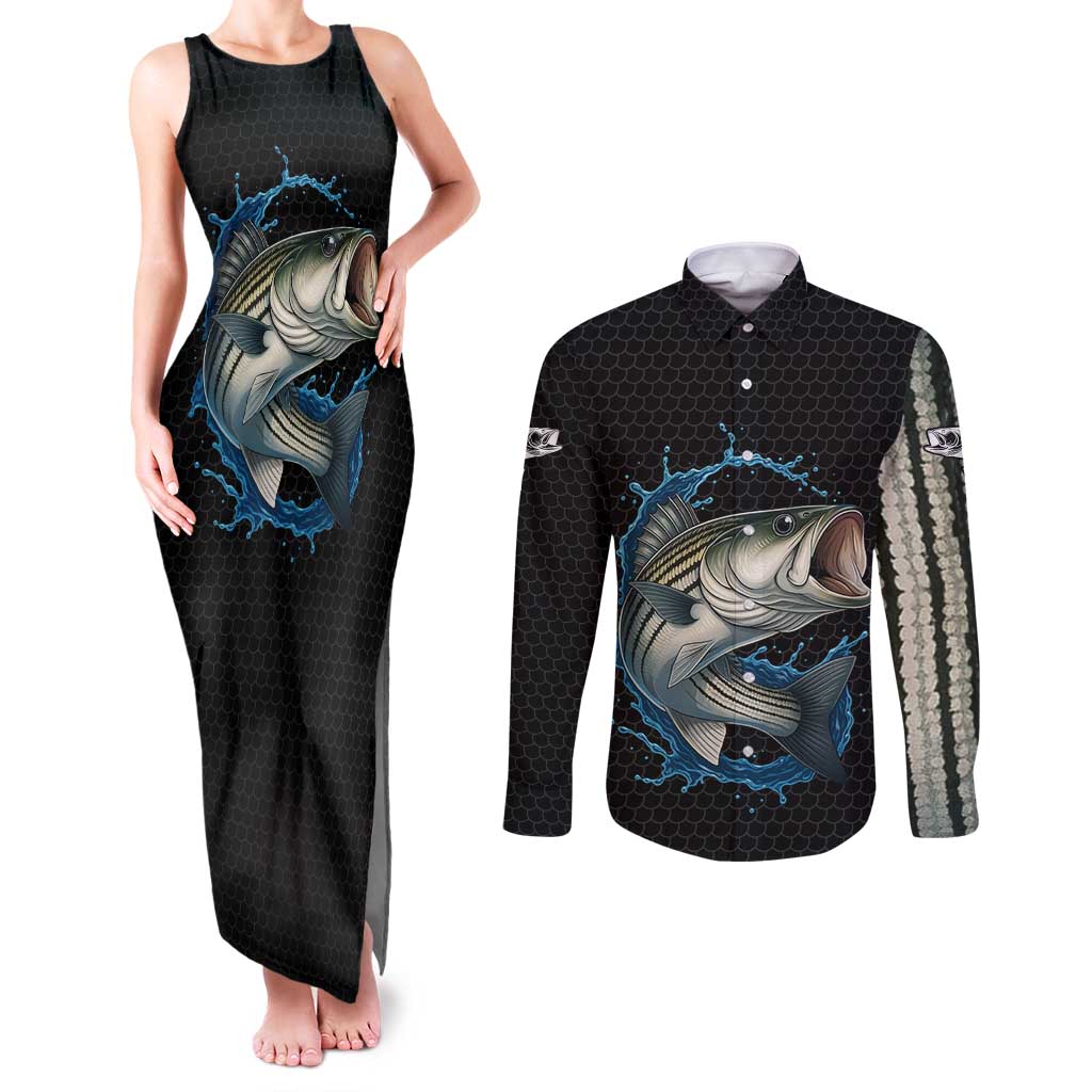 Striped Bass Jumping Couples Matching Tank Maxi Dress and Long Sleeve Button Shirt Blue Splash Graphic and Custom Name Design - Wonder Print Shop