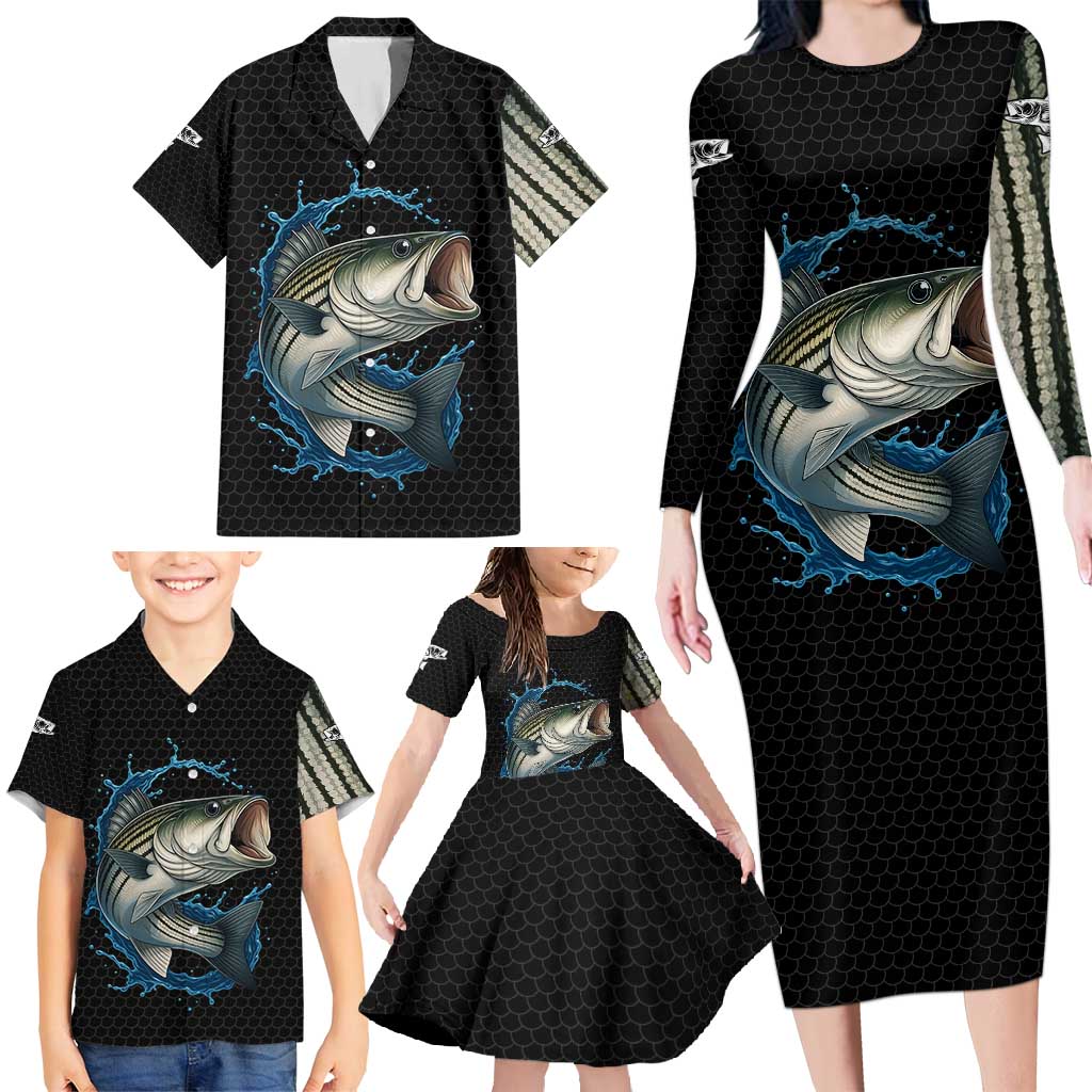 Striped Bass Jumping Family Matching Long Sleeve Bodycon Dress and Hawaiian Shirt Blue Splash Graphic and Custom Name Design - Wonder Print Shop