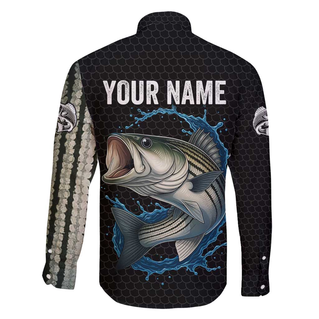 Striped Bass Jumping Family Matching Long Sleeve Bodycon Dress and Hawaiian Shirt Blue Splash Graphic and Custom Name Design - Wonder Print Shop