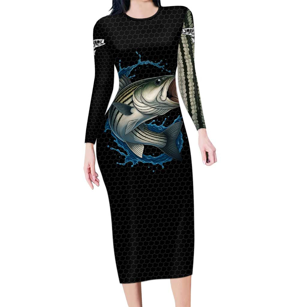 Striped Bass Jumping Family Matching Long Sleeve Bodycon Dress and Hawaiian Shirt Blue Splash Graphic and Custom Name Design - Wonder Print Shop