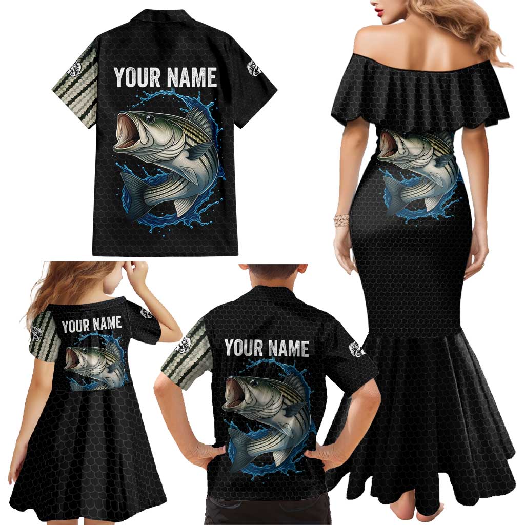 Striped Bass Jumping Family Matching Mermaid Dress and Hawaiian Shirt Blue Splash Graphic and Custom Name Design - Wonder Print Shop