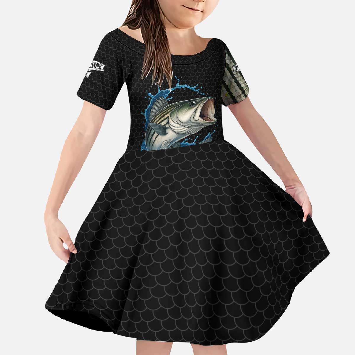 Striped Bass Jumping Family Matching Off The Shoulder Long Sleeve Dress and Hawaiian Shirt Blue Splash Graphic and Custom Name Design - Wonder Print Shop