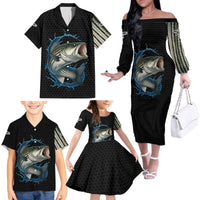 Striped Bass Jumping Family Matching Off The Shoulder Long Sleeve Dress and Hawaiian Shirt Blue Splash Graphic and Custom Name Design - Wonder Print Shop