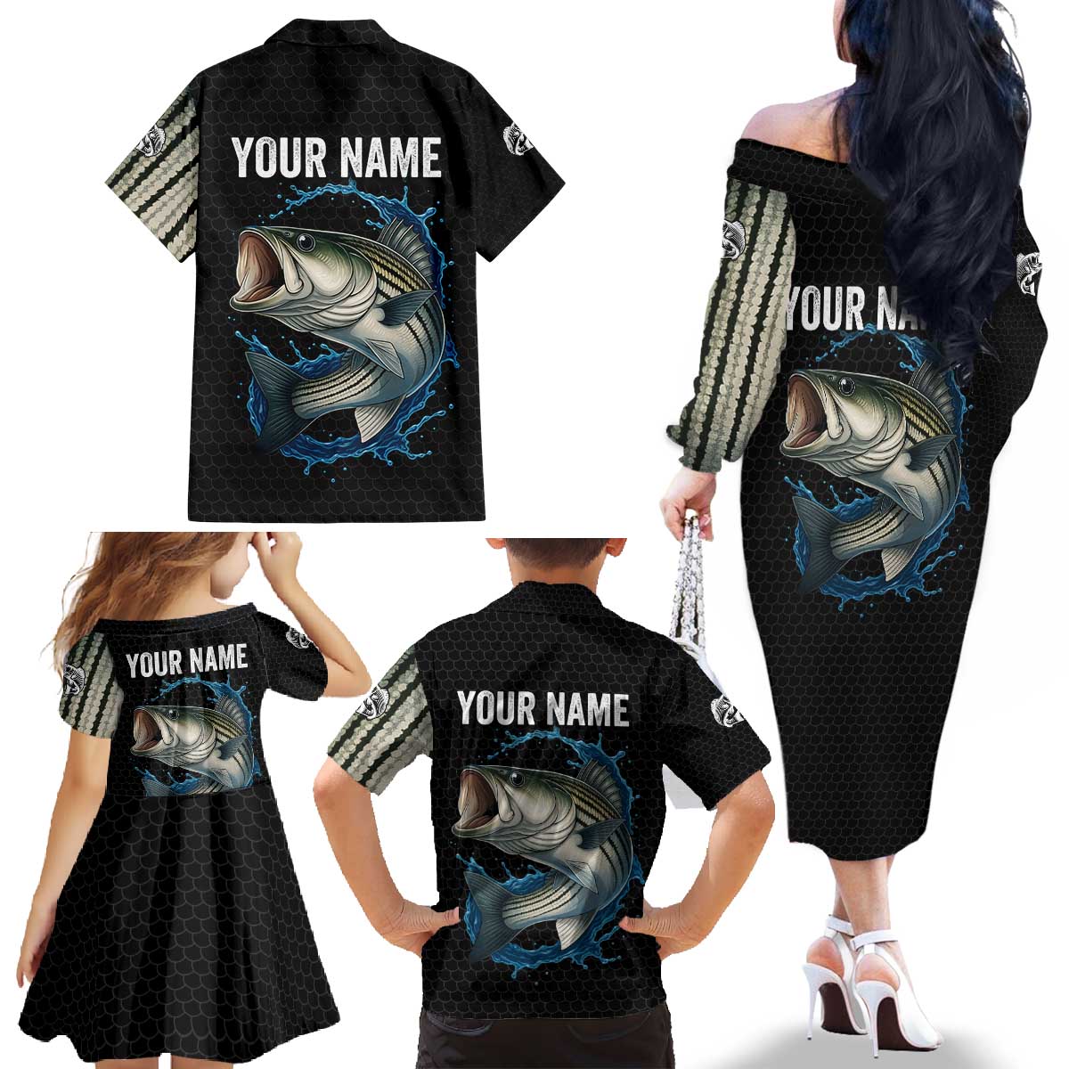 Striped Bass Jumping Family Matching Off The Shoulder Long Sleeve Dress and Hawaiian Shirt Blue Splash Graphic and Custom Name Design - Wonder Print Shop