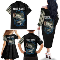 Striped Bass Jumping Family Matching Off The Shoulder Long Sleeve Dress and Hawaiian Shirt Blue Splash Graphic and Custom Name Design - Wonder Print Shop