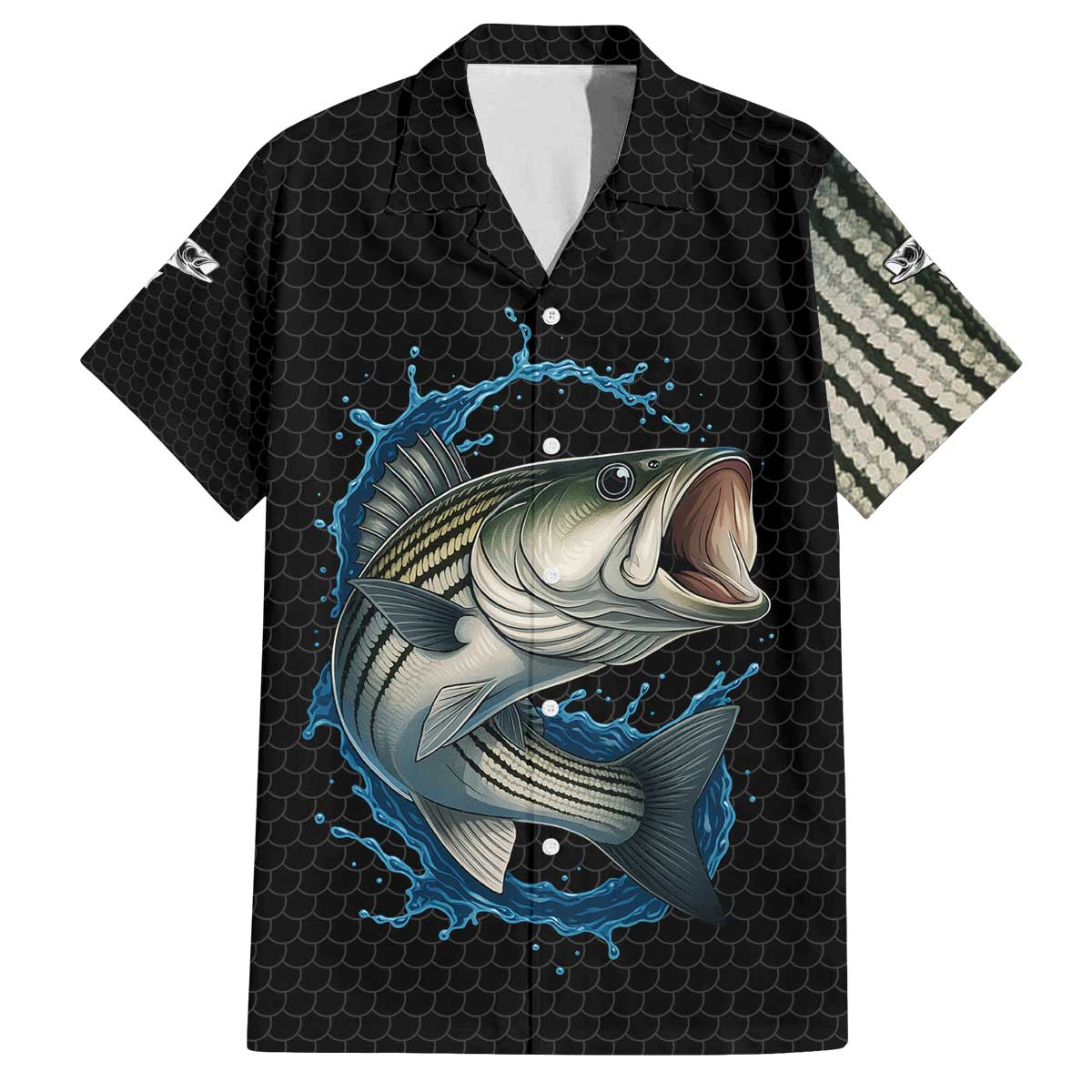 Striped Bass Jumping Family Matching Off The Shoulder Long Sleeve Dress and Hawaiian Shirt Blue Splash Graphic and Custom Name Design - Wonder Print Shop