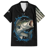 Striped Bass Jumping Family Matching Off The Shoulder Long Sleeve Dress and Hawaiian Shirt Blue Splash Graphic and Custom Name Design - Wonder Print Shop