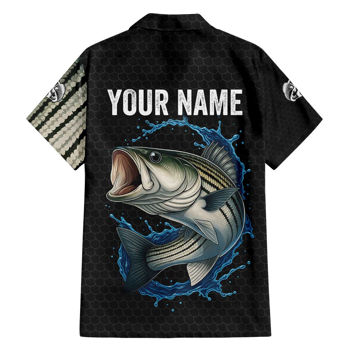 Striped Bass Jumping Family Matching Off The Shoulder Long Sleeve Dress and Hawaiian Shirt Blue Splash Graphic and Custom Name Design - Wonder Print Shop