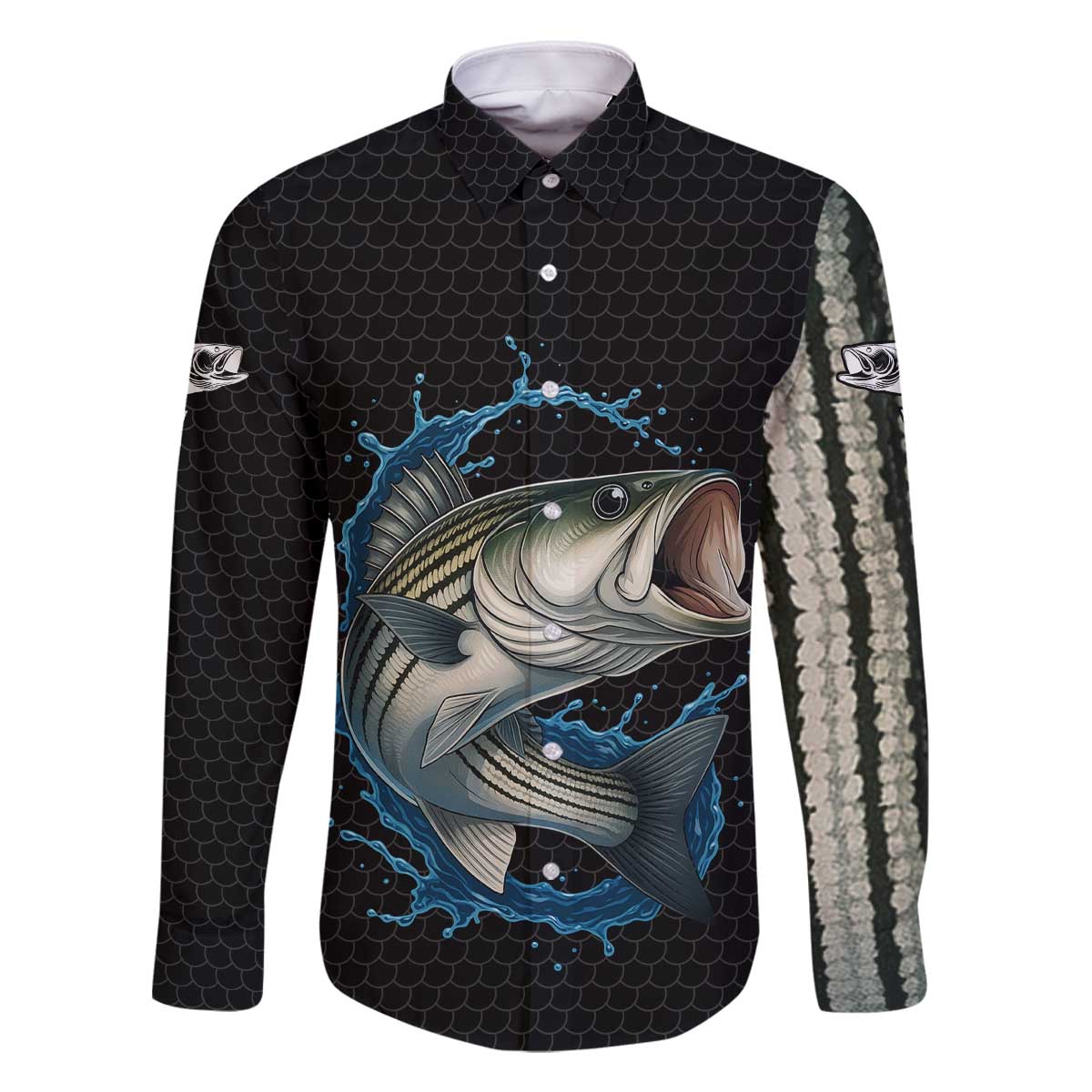 Striped Bass Jumping Family Matching Off The Shoulder Long Sleeve Dress and Hawaiian Shirt Blue Splash Graphic and Custom Name Design - Wonder Print Shop