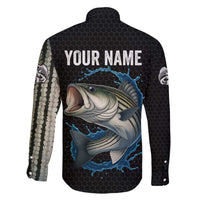 Striped Bass Jumping Family Matching Off The Shoulder Long Sleeve Dress and Hawaiian Shirt Blue Splash Graphic and Custom Name Design - Wonder Print Shop