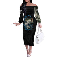 Striped Bass Jumping Family Matching Off The Shoulder Long Sleeve Dress and Hawaiian Shirt Blue Splash Graphic and Custom Name Design - Wonder Print Shop