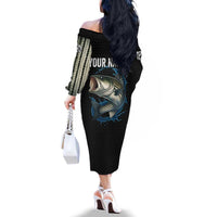 Striped Bass Jumping Family Matching Off The Shoulder Long Sleeve Dress and Hawaiian Shirt Blue Splash Graphic and Custom Name Design - Wonder Print Shop