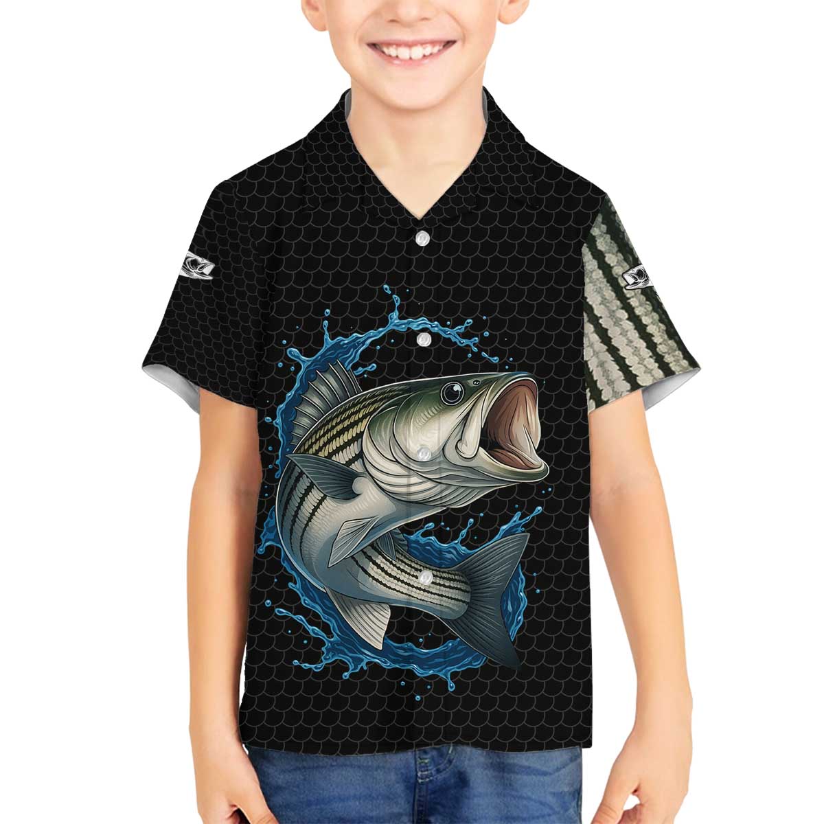 Striped Bass Jumping Family Matching Off The Shoulder Long Sleeve Dress and Hawaiian Shirt Blue Splash Graphic and Custom Name Design - Wonder Print Shop