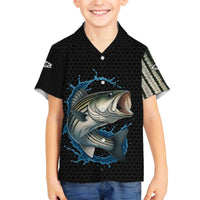 Striped Bass Jumping Family Matching Off The Shoulder Long Sleeve Dress and Hawaiian Shirt Blue Splash Graphic and Custom Name Design - Wonder Print Shop