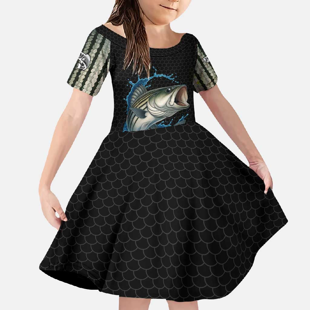 Striped Bass Jumping Family Matching Off Shoulder Maxi Dress and Hawaiian Shirt Blue Splash Graphic and Custom Name Design - Wonder Print Shop