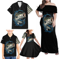 Striped Bass Jumping Family Matching Off Shoulder Maxi Dress and Hawaiian Shirt Blue Splash Graphic and Custom Name Design - Wonder Print Shop