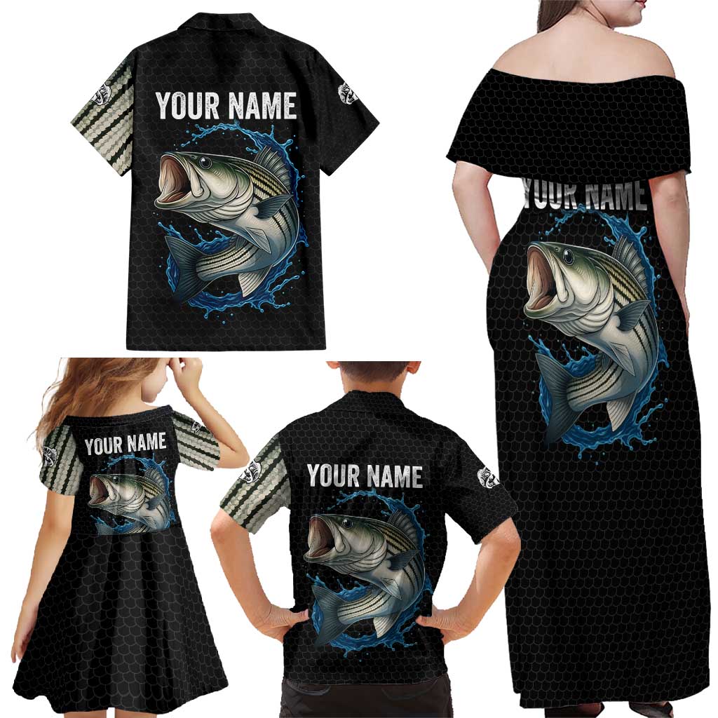 Striped Bass Jumping Family Matching Off Shoulder Maxi Dress and Hawaiian Shirt Blue Splash Graphic and Custom Name Design - Wonder Print Shop