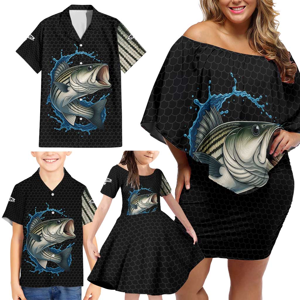 Striped Bass Jumping Family Matching Off Shoulder Short Dress and Hawaiian Shirt Blue Splash Graphic and Custom Name Design - Wonder Print Shop