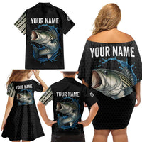 Striped Bass Jumping Family Matching Off Shoulder Short Dress and Hawaiian Shirt Blue Splash Graphic and Custom Name Design - Wonder Print Shop