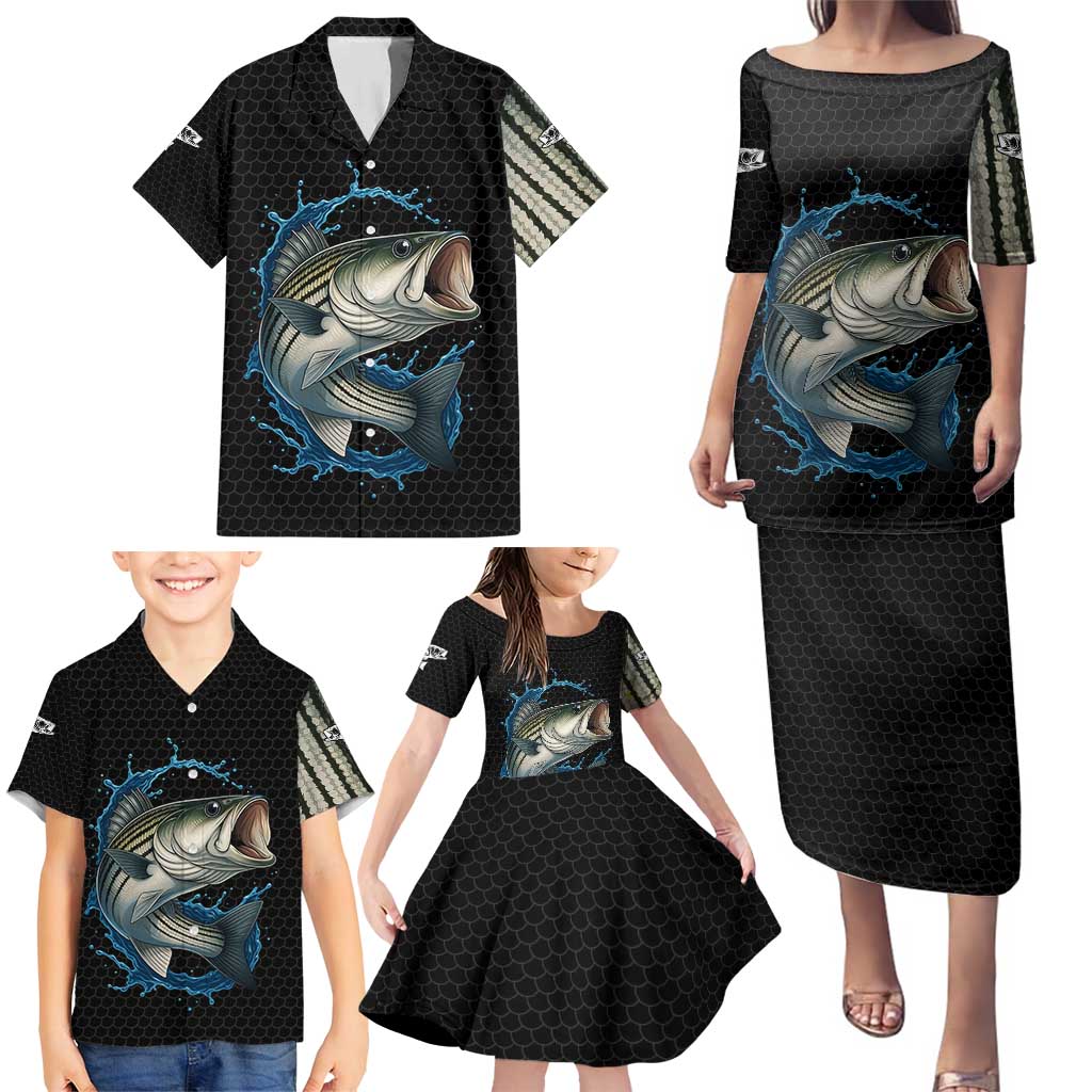 Striped Bass Jumping Family Matching Puletasi and Hawaiian Shirt Blue Splash Graphic and Custom Name Design - Wonder Print Shop