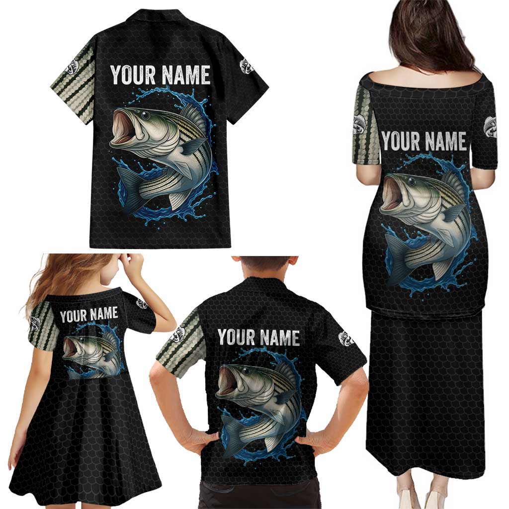 Striped Bass Jumping Family Matching Puletasi and Hawaiian Shirt Blue Splash Graphic and Custom Name Design - Wonder Print Shop