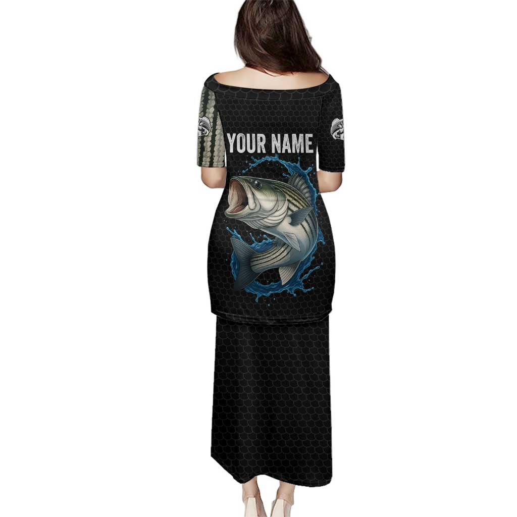 Striped Bass Jumping Family Matching Puletasi and Hawaiian Shirt Blue Splash Graphic and Custom Name Design - Wonder Print Shop