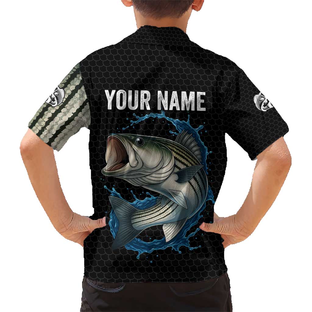 Striped Bass Jumping Family Matching Short Sleeve Bodycon Dress and Hawaiian Shirt Blue Splash Graphic and Custom Name Design - Wonder Print Shop