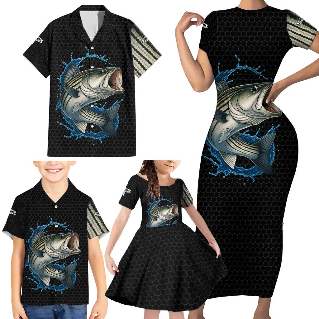 Striped Bass Jumping Family Matching Short Sleeve Bodycon Dress and Hawaiian Shirt Blue Splash Graphic and Custom Name Design - Wonder Print Shop