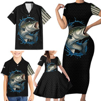 Striped Bass Jumping Family Matching Short Sleeve Bodycon Dress and Hawaiian Shirt Blue Splash Graphic and Custom Name Design - Wonder Print Shop