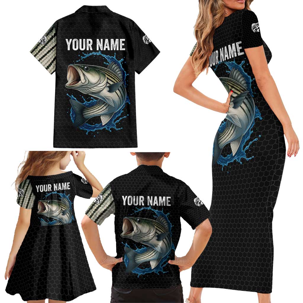 Striped Bass Jumping Family Matching Short Sleeve Bodycon Dress and Hawaiian Shirt Blue Splash Graphic and Custom Name Design - Wonder Print Shop