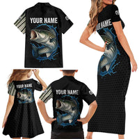 Striped Bass Jumping Family Matching Short Sleeve Bodycon Dress and Hawaiian Shirt Blue Splash Graphic and Custom Name Design - Wonder Print Shop