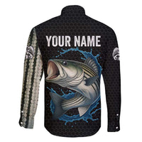 Striped Bass Jumping Family Matching Short Sleeve Bodycon Dress and Hawaiian Shirt Blue Splash Graphic and Custom Name Design - Wonder Print Shop