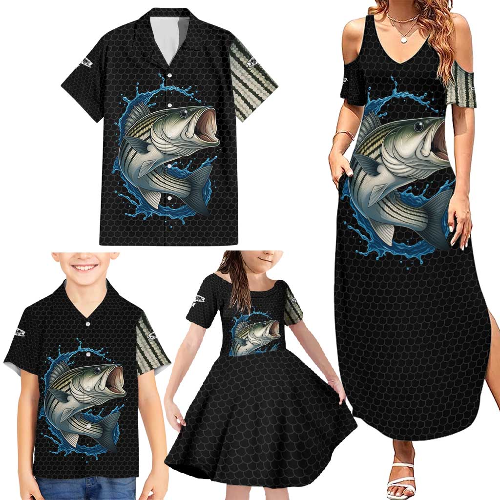 Striped Bass Jumping Family Matching Summer Maxi Dress and Hawaiian Shirt Blue Splash Graphic and Custom Name Design - Wonder Print Shop