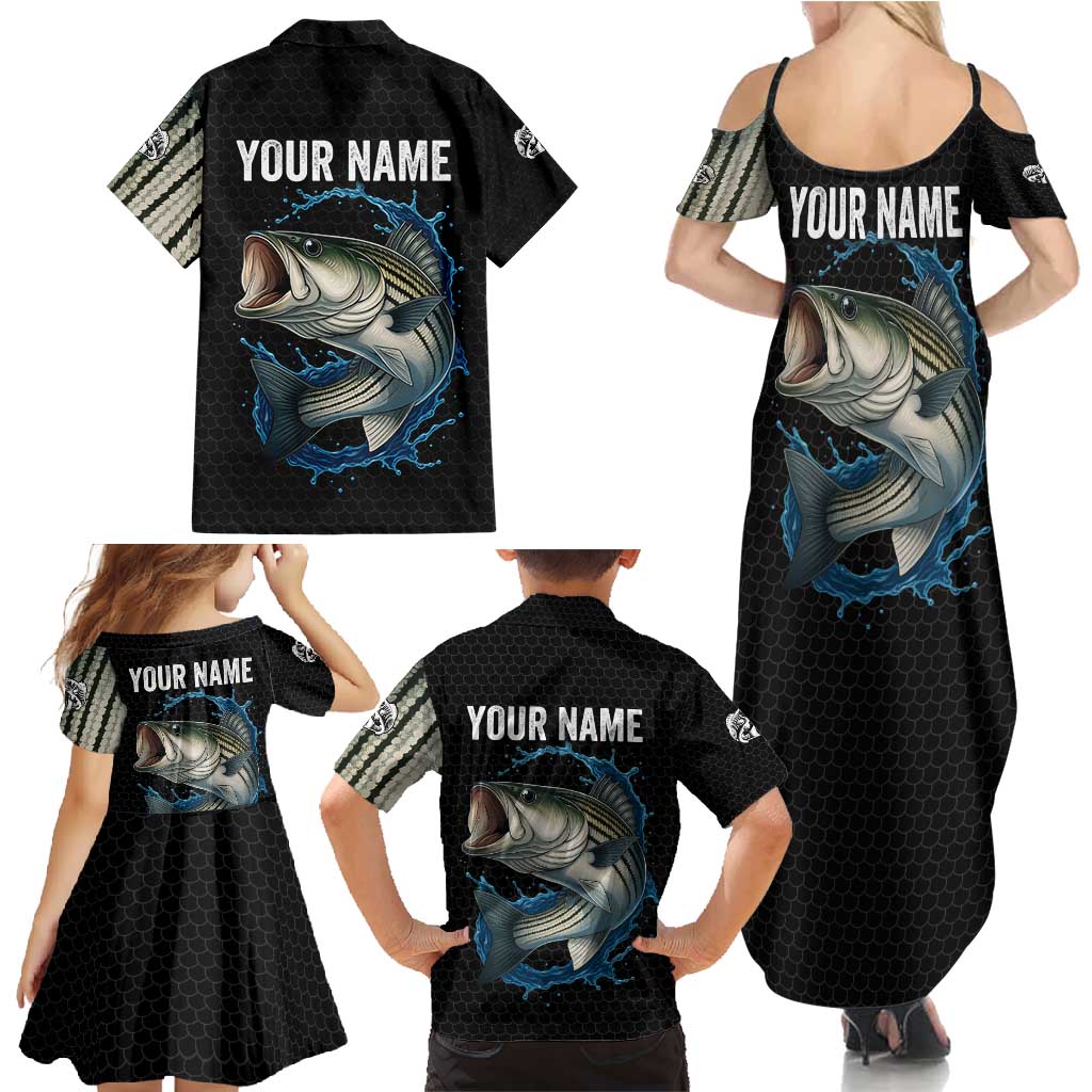 Striped Bass Jumping Family Matching Summer Maxi Dress and Hawaiian Shirt Blue Splash Graphic and Custom Name Design - Wonder Print Shop
