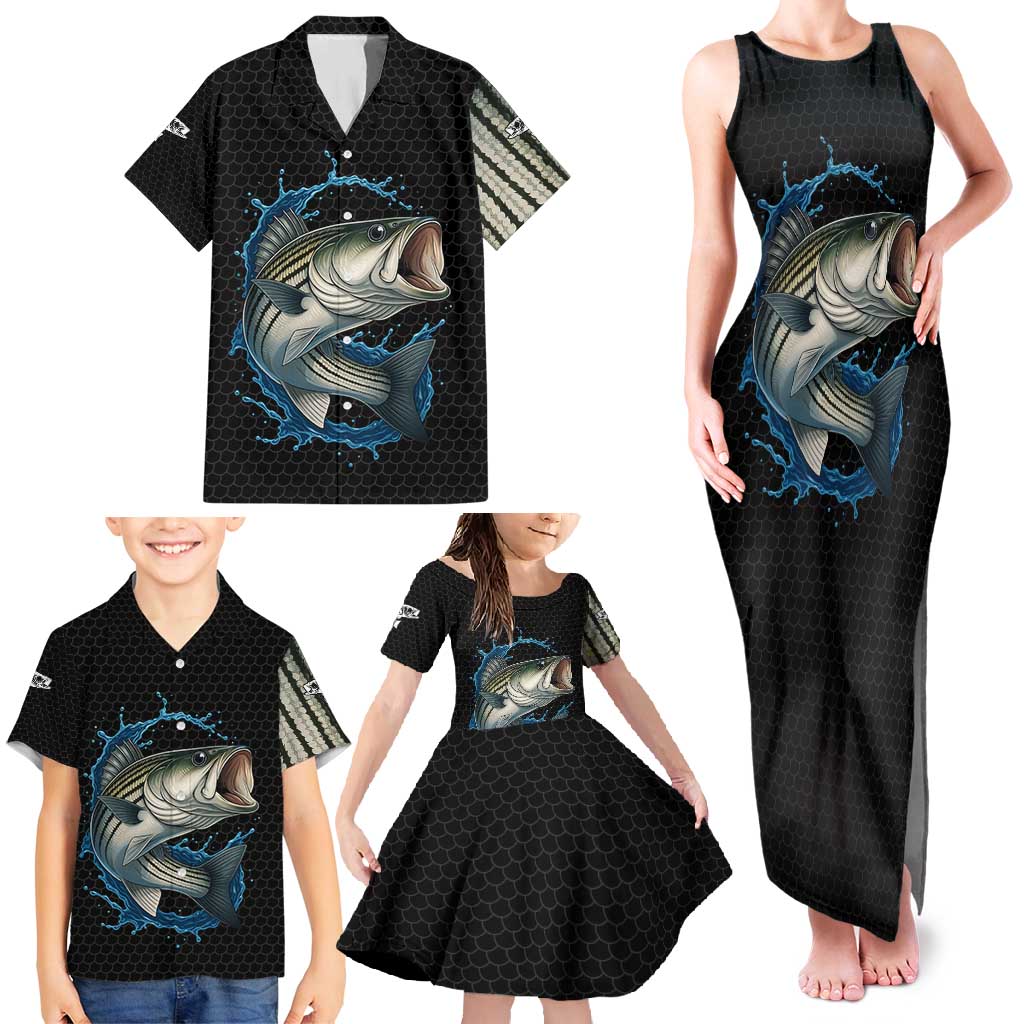 Striped Bass Jumping Family Matching Tank Maxi Dress and Hawaiian Shirt Blue Splash Graphic and Custom Name Design - Wonder Print Shop