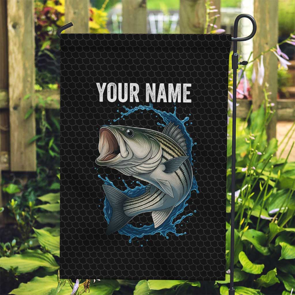 Striped Bass Jumping Garden Flag Blue Splash Graphic and Custom Name Design - Wonder Print Shop