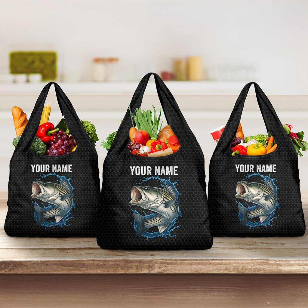 Striped Bass Jumping Grocery Bag Blue Splash Graphic and Custom Name Design - Wonder Print Shop