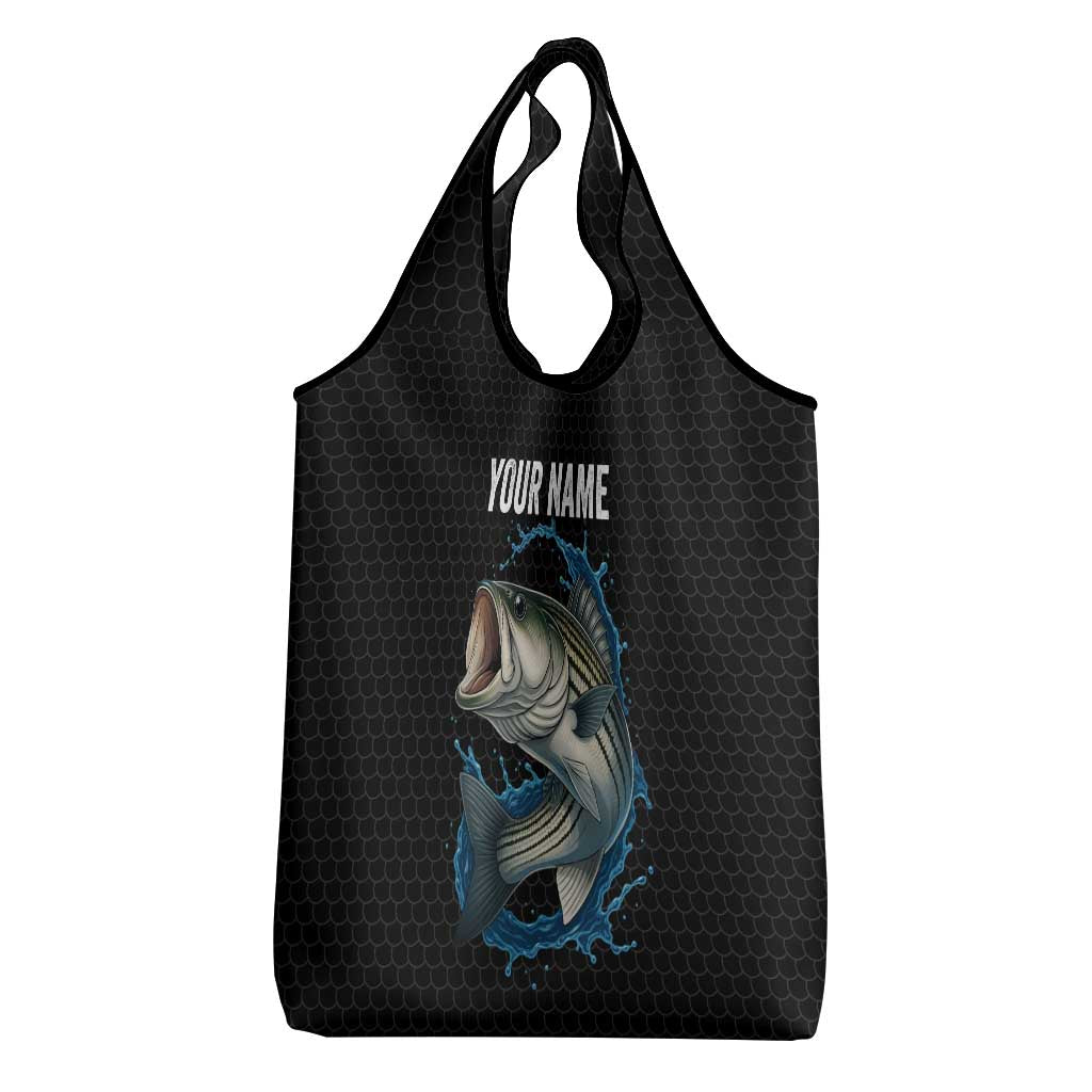 Striped Bass Jumping Grocery Bag Blue Splash Graphic and Custom Name Design - Wonder Print Shop