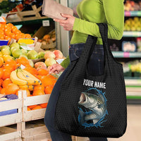 Striped Bass Jumping Grocery Bag Blue Splash Graphic and Custom Name Design - Wonder Print Shop