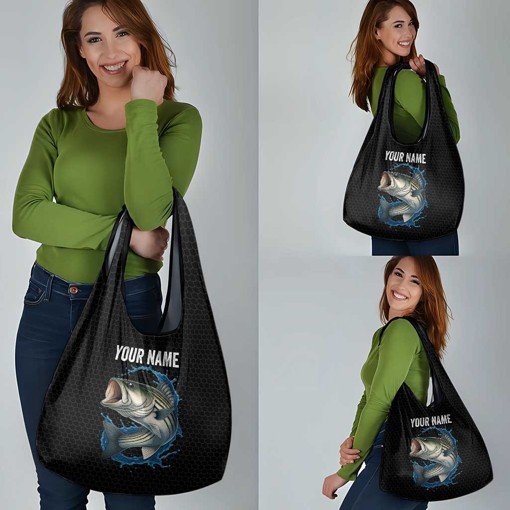 Striped Bass Jumping Grocery Bag Blue Splash Graphic and Custom Name Design - Wonder Print Shop