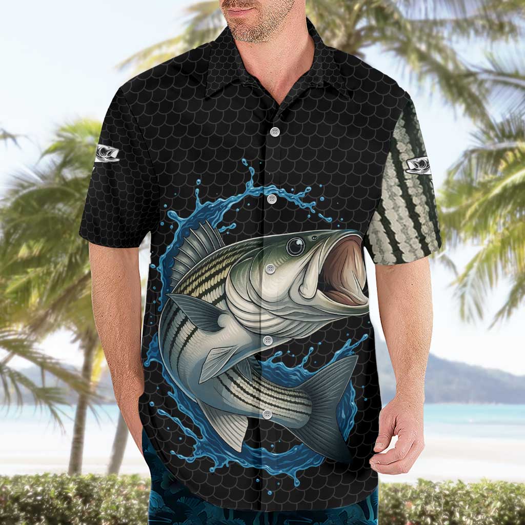 Striped Bass Jumping Hawaiian Shirt Blue Splash Graphic and Custom Name Design - Wonder Print Shop