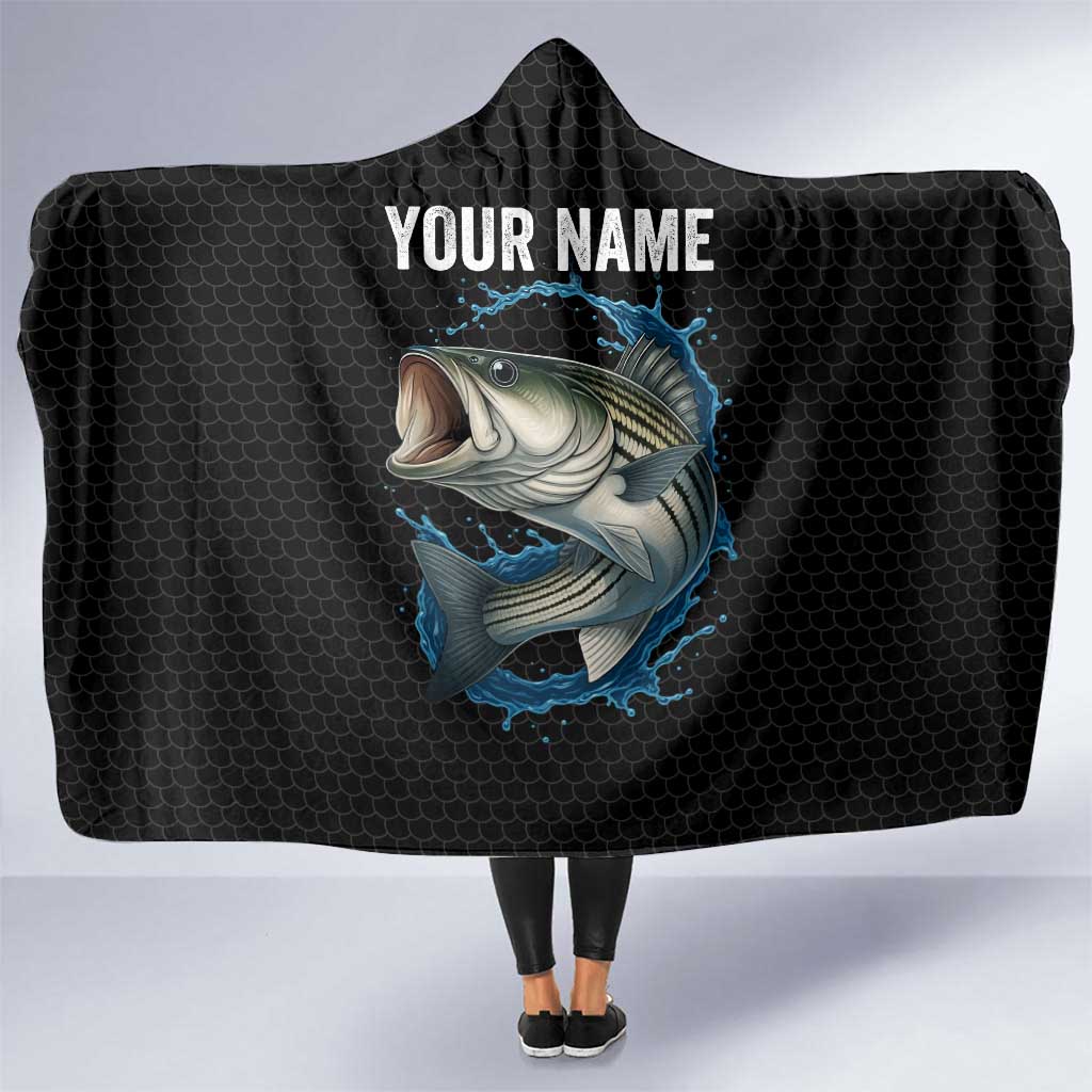 Striped Bass Jumping Hooded Blanket Blue Splash Graphic and Custom Name Design - Wonder Print Shop