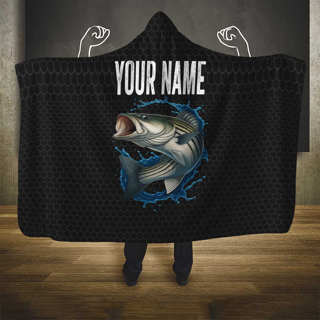 Striped Bass Jumping Hooded Blanket Blue Splash Graphic and Custom Name Design - Wonder Print Shop